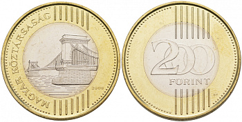 Венгрия 200 форинтов 2009 мост KM 826 биметалл UNC M16-11