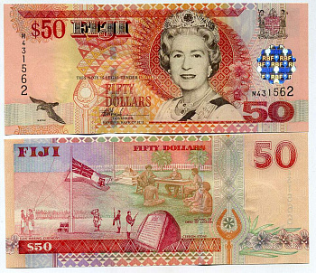 Фиджи 50 долларов ND (2002) Елизавета II (1952-2022), церемония поднятия флага, Акт уступки, уступочный камень Pick 108 бумага UNC (пресс) 451-393-1