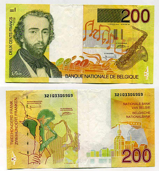 БЕЛЬГИЯ 200 ФРАНКОВ 1995 ПОДПИСЬ (5 И 15), БЕЛЬГИЙСКИЙ ИЗОБРЕТАТЕЛЬ МУЗЫКАЛЬНЫХ ИНСТРУМЕНТОВ АДОЛЬФ САКС (1814-1894) Pick 148 бумага 6293-24-3