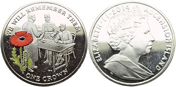 Остров Вознесения 1 крона 2014 в память героев первой мировой войны, допрос, красный мак KM NEW медно-никель, эмаль PROOF 1071-4-54