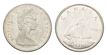 Канада 10 центов 1966 Елизавета II (1952-2022), парусник KM 61 серебро 4639-615