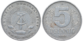 ГДР 5 пфеннигов 1968 A KM 9.1 алюминий 62-223