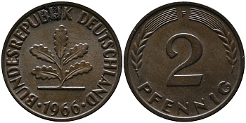 ФРГ 2 пфеннига 1966 F KM 106, J.381 бронза 99-144