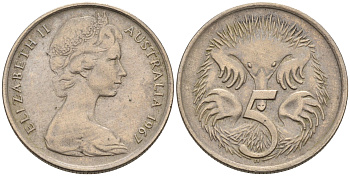 АВСТРАЛИЯ 5 ЦЕНТОВ 1967 ЕЛИЗАВЕТА II, МОЛОДОЙ ПОРТРЕТ, ЕХИДНА KM 64 медно-никель 4564-1149