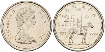 Канада 25 центов 1973 100 лет канадской горной полиции (1873-1973), Елизавета II (1952-2022) KM 81 никель 4126-516