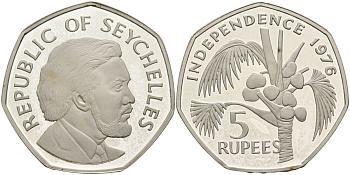 Сейшельские острова 5 рупий 1976 декларация независимости KM 27а серебро PROOF 00-00