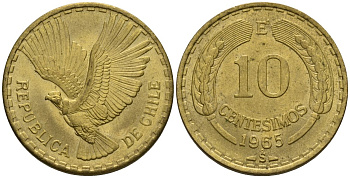 Чили 10 сентесимо 1965 KM 191 алюминиевая бронза 4517-332