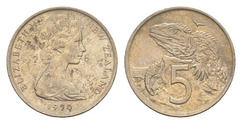 Новая Зеландия 5 центов 1970 Елизавета II (1952-2022), ящерица гаттерия KM 34 медно-никель 4651-165