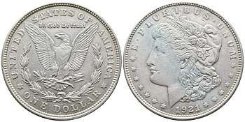 США 1 доллар 1921 D, Морган доллар KM 110 серебро 443-124