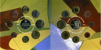 Бельгия евронабор из 8 монет + жетон 2004 140 лет Бельгийскому обществу Красного креста, Жан-Анри Дюнан, в оригинальном буклете    UNC биметалл 6-5-3-24