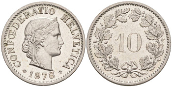 Швейцария 10 раппенов 1978 KM 27 медно-никель 55-513