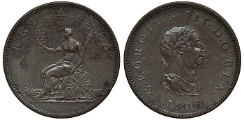 Великобритания 1/2 пенни 1806 Георг III (1760-1820) KM 662, Spink 3781 медь 1523-1244