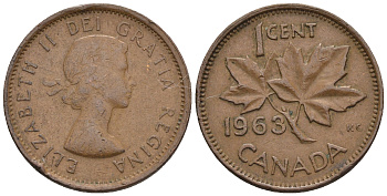 Канада 1 цент 1963 Елизавета II (1952-2022), кленовый лист KM 49 бронза 4609-123