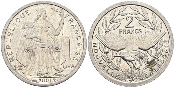 Французская Новая Каледония 2 франка 2001 птица кагу, (IEOM) KM 14, Schoen 11, Lec 68f алюминий    28-523