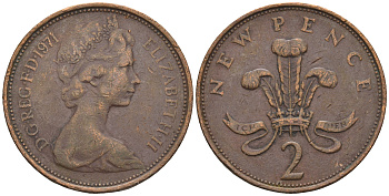 Великобритания 2 пенса 1971 Елизавета II (1952-2022) KM 916, Spink 4235 (C1) бронза 85-1111