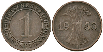 Германия 1 рейхспфенниг 1933 A KM 37, J. 313 бронза 4189-1164