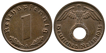 Германия 1 рейхспфенниг 1938 A KM 89, J. 361 бронза    220-319