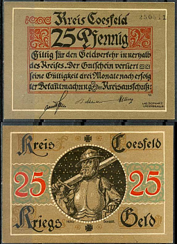 Германия, Косфельд 25 пфеннигов 1918 нотгельд, 6 цифр в номере Tieste 1185.05.01 бумага UNC (пресс) 444-76-2-2