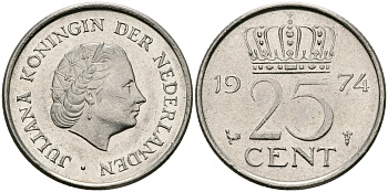 НИДЕРЛАНДЫ 25 ЦЕНТОВ 1974 ЮЛИАНА KM 183 никель 96-237
