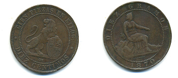 Испания 10 сентимо 1870 ОМ, лев со щитом KM 663 (Y54) медь 176-1135