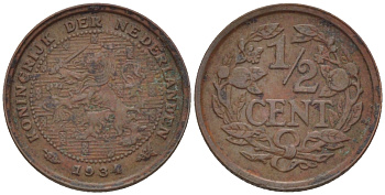 НИДЕРЛАНДЫ 1/2 ЦЕНТА 1934 ВИЛЬГЕЛЬМИНА (1890-1948) KM 138 бронза 39-226