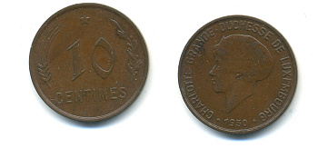 Люксембург 10 сантимов 1930 Шарлотта (1918-1964) KM 41 бронза 83-1043