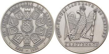 ГЕРМАНИЯ МЕДАЛЬ 1991 175 ЛЕТ РАЙОНУ БАД-КРОЙЦНАХ (1816-1991), ЗЕМЛЯ РЕЙЛАНД-ПФАЛЬЦ, ДИАМЕТР 42 ММ. белый металл 1084-9-13