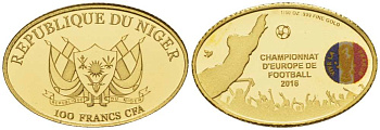 Нигер 100 франков 2016 Чемпионат Европы по футболу во Франции, овал, эмаль золото PROOF 00-820-41