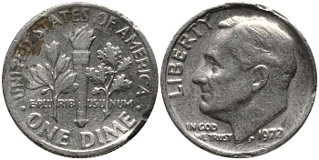 США 10 ЦЕНТОВ = 1 ДАЙМ 1972 РУЗВЕЛЬТ KM 195а медь плакированная медно-никелем 112-634