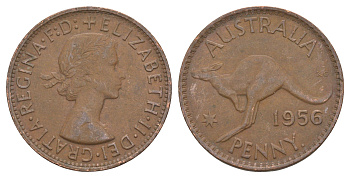 Австралия 1 пенни 1956 . , Елизавета II (1952-2022), кенгуру KM 56 бронза 82-1022