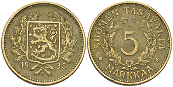 Финляндия 5 марок 1938 S KM 31 алюминиевая бронза 00-00