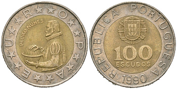 Португалия 100 эскудо 1990 Педру Нуниш (1502-1578), математик KM 645 биметалл aUNC 4616-1234
