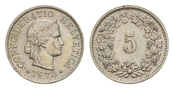 Швейцария 5 раппенов 1970 KM 26 медно-никель 4611-938