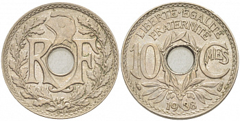ФРАНЦИЯ 10 САНТИМОВ 1938 ТИП ЛИНДАЙЁ KM 866а, LE FRANC 138.25 медно-никель 4402-816