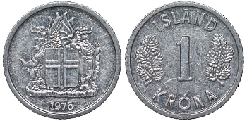 Исландия 1 крона 1976 KM 23 алюминий 4124-457