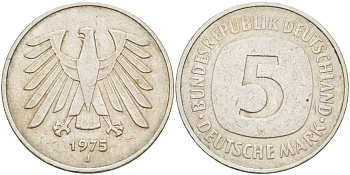 ФРГ 5 марок 1975 J, монетный двор Гамбург КМ 140.1, J. 415 медно-никель плакированный никелем 114-1042