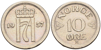 Норвегия 10 эре 1957 Хокон VII (1905-1957) КМ 396 медно-никель    4169-322