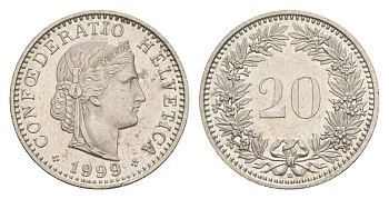 Швейцария 20 раппенов 1999 B KM 29a медно-никель 4623-556