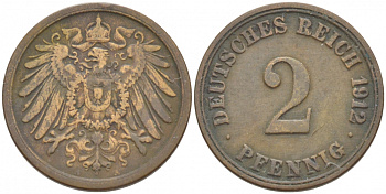 Германия 2 пфеннига 1912 A KM 16, J. 11, Weege 4 медь 4532-536