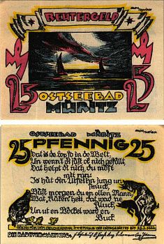 МЮРИЦ 25 ПФЕННИГОВ 1922 НОТГЕЛЬД, 28 ФЕВРАЛЯ 1922, ЗЕМЛЯ МЕКЛЕНБУРГ, ПЕРЕДНЯЯ ПОМЕРАНИЯ Grabowski 920.1 бумага 6318-42-3-3