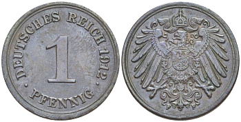 ГЕРМАНИЯ 1 ПФЕННИГ 1912 F KM 10, Jager. 10, Weege 2 медь 4528-866