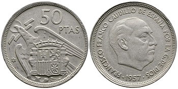 Испания 50 песет 1957 (60) Франциско Франко (1939-1975) KM 788 медно-никель 81-244