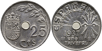 Испания 25 сентимо 1937 год тип KM 753 медно-никель 4379-454