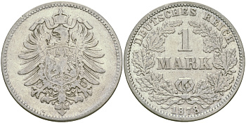 Германия 1 марка 1878 G Weege 17, J. 9, KM 7 серебро 65-126