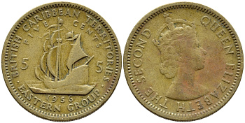 Британские Восточно-Карибские территории 5 центов 1956 Елизавета II (1952-2022), парусник KM 4 никель латунь 4390-232