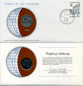 БЕЛЬГИЯ 10 ФРАНКОВ 1976 конверт с маркой первого дня гашения, Coins of Nations KM 155.1 никель UNC 4294-42-3