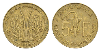 Западная Африка (BCEAO) 5 франков 1994 KM 2a медь алюминий никель 4640-1011