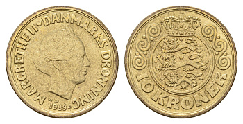 Дания 10 крон 1989 NR, Маргрете II (1972-2024) KM 867 алюминиевая бронза aUNC 119-1215