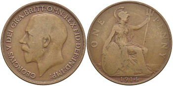 Великобритания 1 пенни 1914 Георг V (1910-1936) KM 810, Spink 4051 бронза 111-1233