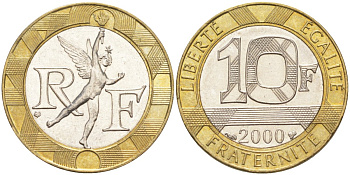 Франция 10 франков 2000 тип гений Бастилии KM 964.1, Le Frank 375.17 биметалл 4519-323